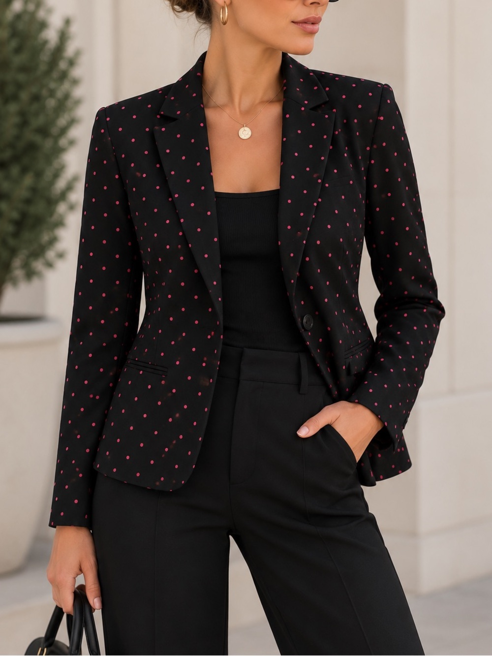 Ann Taylor Black Pink Polka Dot One Button Blazer Jacket Career Workwear